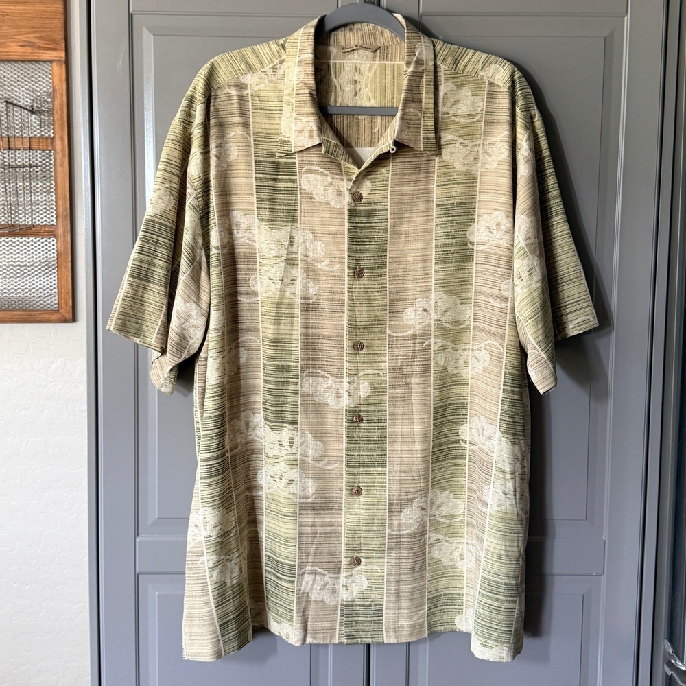 Tommy Bahama Mens‎ Silk Striped Floral Button Front Camp Shirt, Green Tan, XL